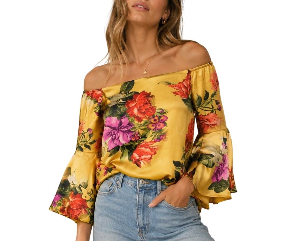 Alice + Olivia Shera Floral Off the Shoulder Blouse Yellow Sz Small